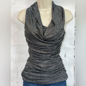 Express silver metallic drape neck fitted top